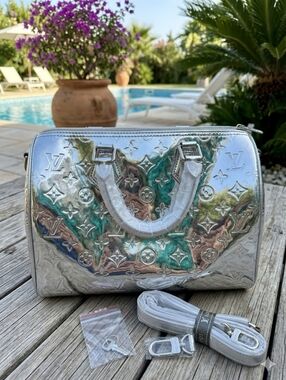 L Silver Patent Monogram Satchel 30